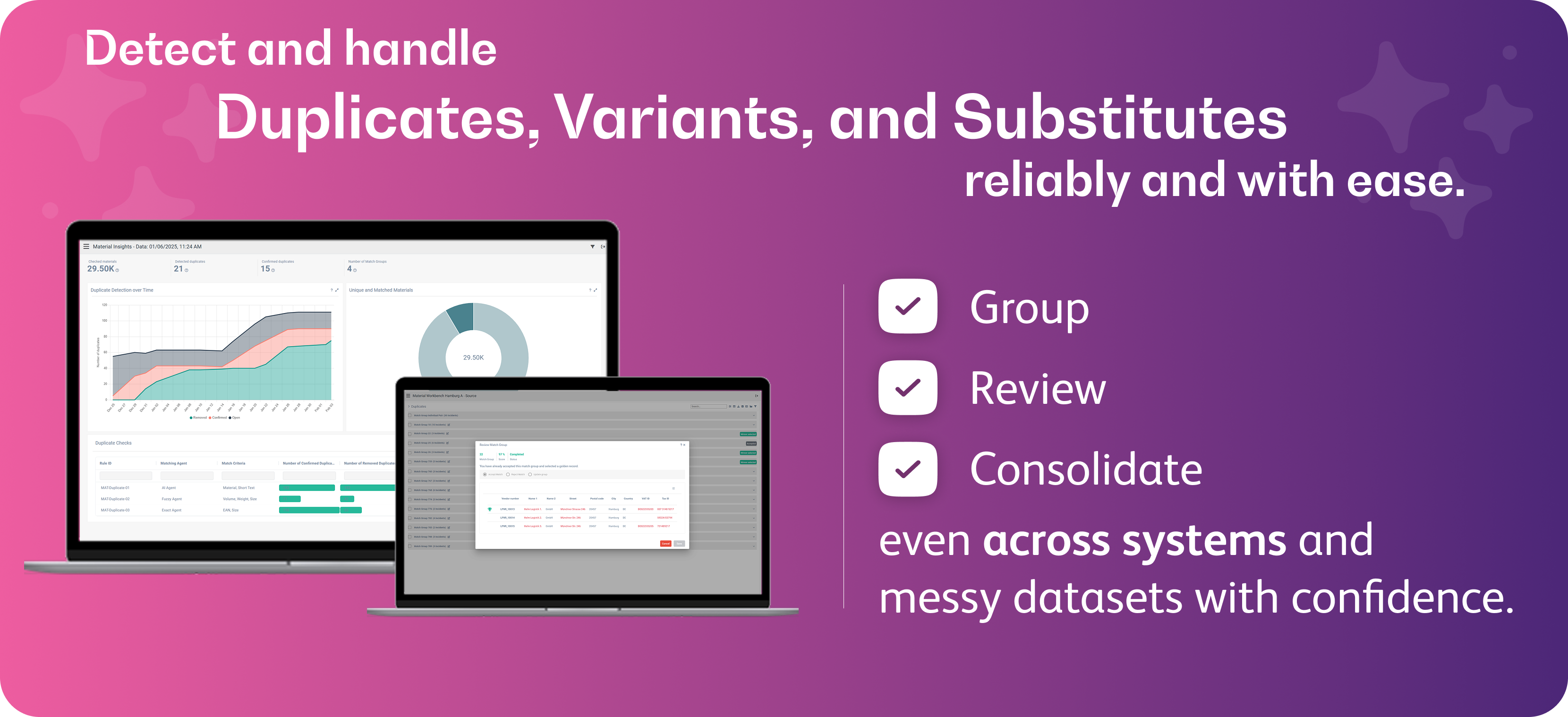 Detect and consolidate duplicates, variants, and substitutes across systems with intelligent matching and scalable data harmonization.