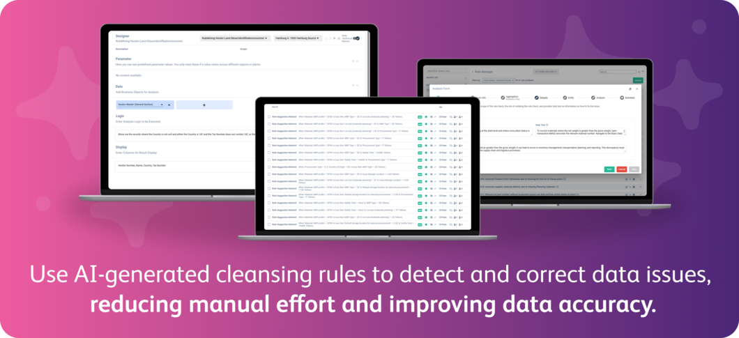 Data Quality Navigator’s Rule Mining uses AI to analyze your enterprise data and automatically discover hidden validation rules, patterns, and logic. It scans data across SAP S/4HANA, Oracle ERP, Microsoft Dynamics, Salesforce, Coupa, and Ariba to detect inconsistencies, correlations, and gaps in your data quality framework. These discovered rules form the basis for scalable, agentic workflows; automated processes that apply new validations, trigger cleansing agents, and enhance governance. Rule Mining uncovers business logic embedded in supplier, customer, and material master data, enabling organizations in manufacturing, retail, logistics, and finance to identify what’s missing and standardize their data quality approach. Use Rule Mining to reduce reliance on manual analysis, build trust in your master and transactional data, and activate intelligent agents that continuously enforce the discovered rules. It’s the foundation for AI-driven data quality automation and long-term governance at scale. 